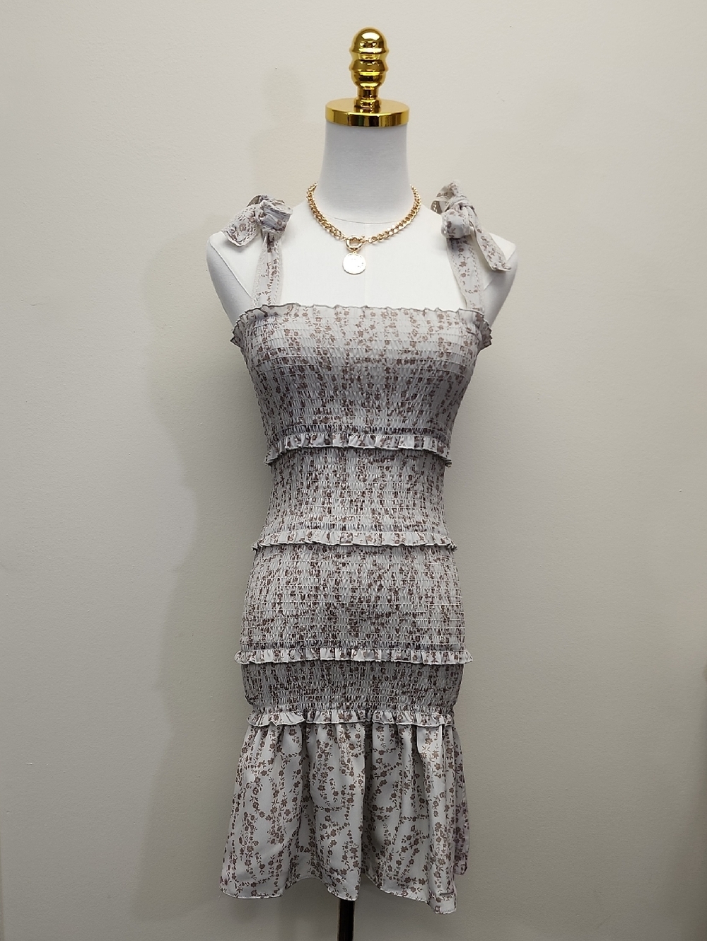 Chou Yatou Smocked Floral Midi Dress Tie Shoulder Cottagecore Size XSmall